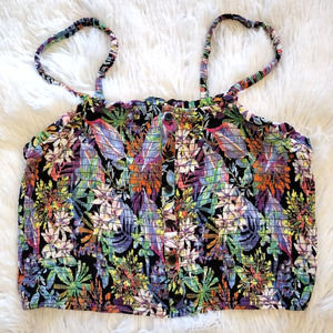 Hippie Rose | Black Tropical-Print Smocked Spaghetti Strap Crop Top